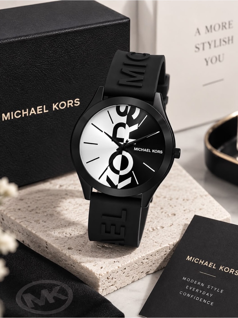 Michael Kors Black and White Logo Dial Silicone Watch